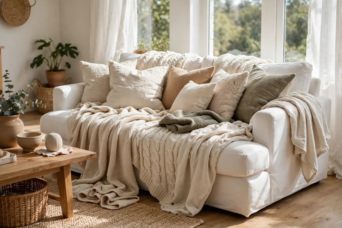 White sofa with cozy layered textiles