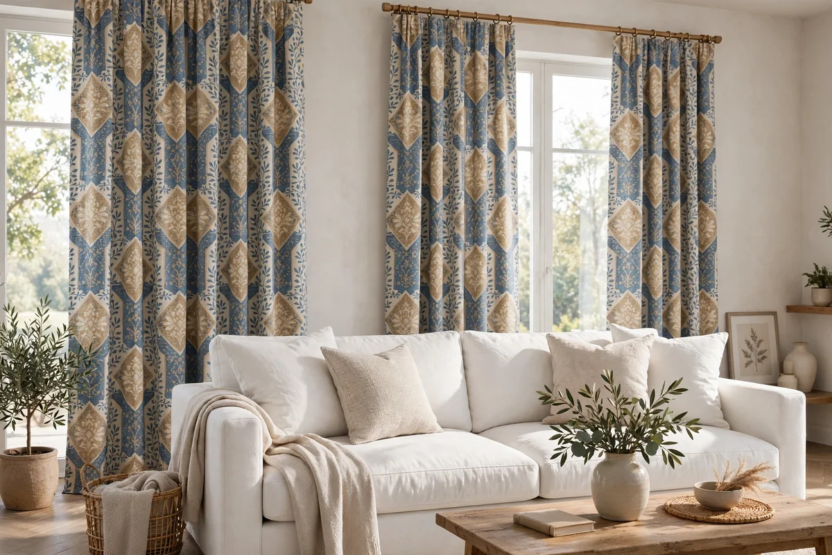 White sofa with patterned curtains
