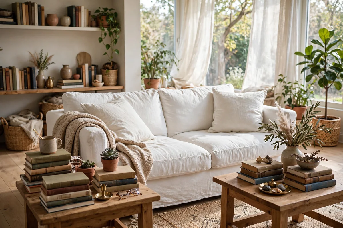 White sofa with books and personal decor