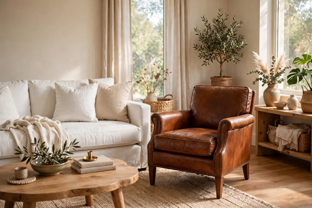 White sofa with leather accents