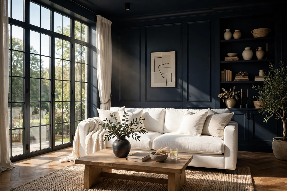 White sofa against dark walls
