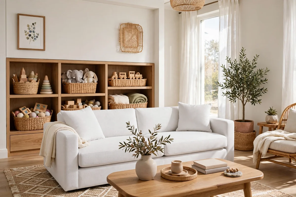 White sofa with family friendly fabric