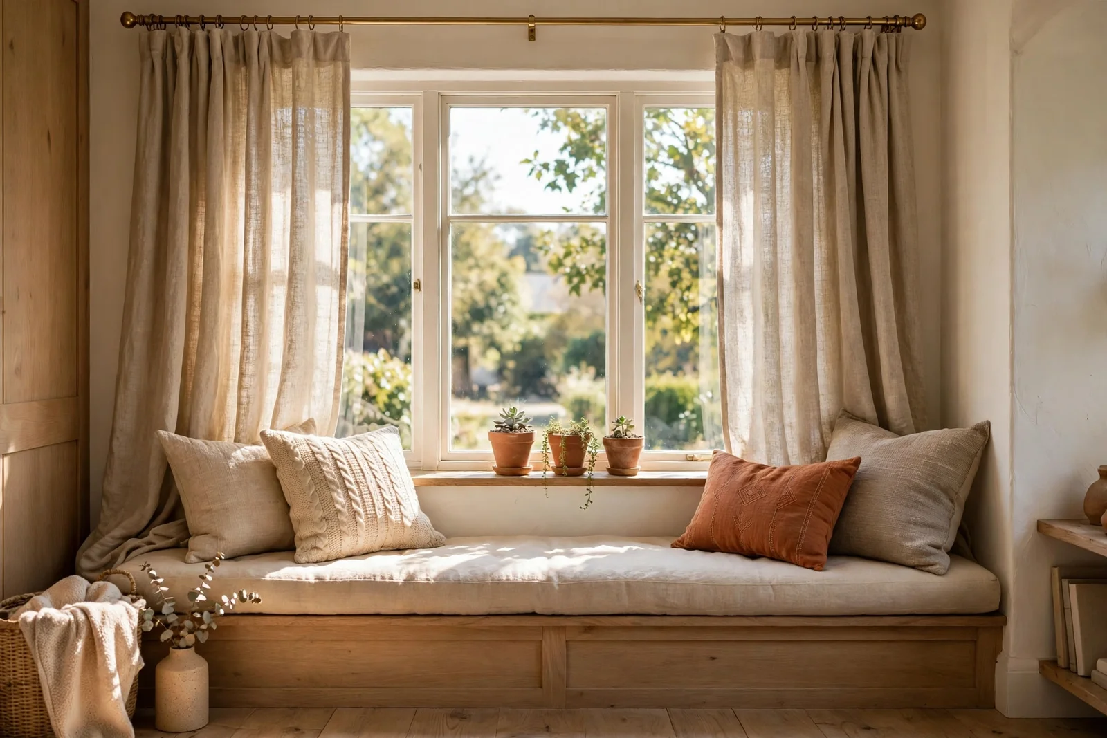 Sunlit living room window dressed with full linen curtains, a cushioned window seat, and small plants on the sill