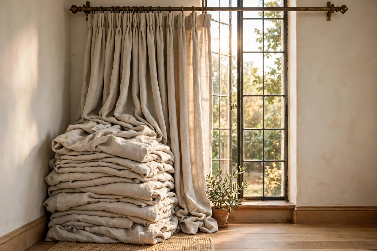 Full linen curtains on a wide brass rod framing a sunlit window