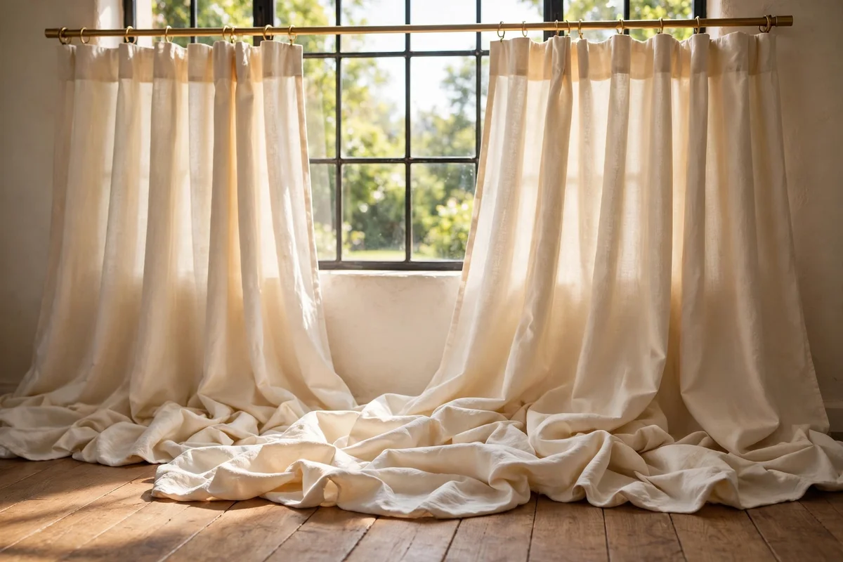 Cotton curtain panels puddling softly on a wooden floor beneath a window