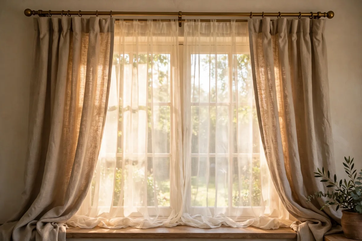 Sheer white curtains layered behind linen drapes glowing in daylight
