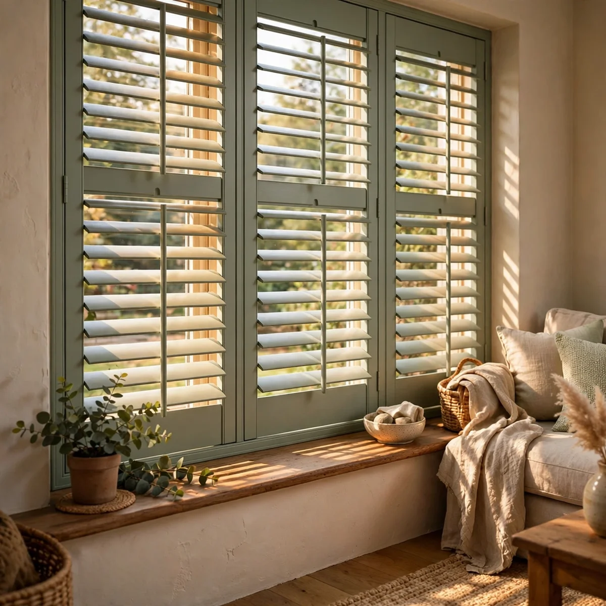 Painted interior plantation shutters with tilted louvres on a living room window