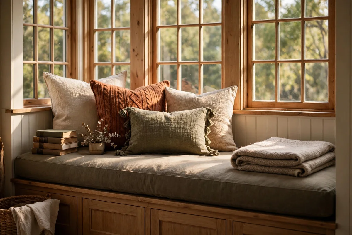 Cushioned window seat with layered pillows and a folded wool throw