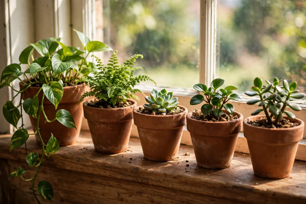 Five small potted plants in terracotta arranged along a sunny windowsill