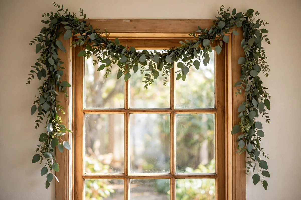 Plain eucalyptus garland swagged along the top of a window frame