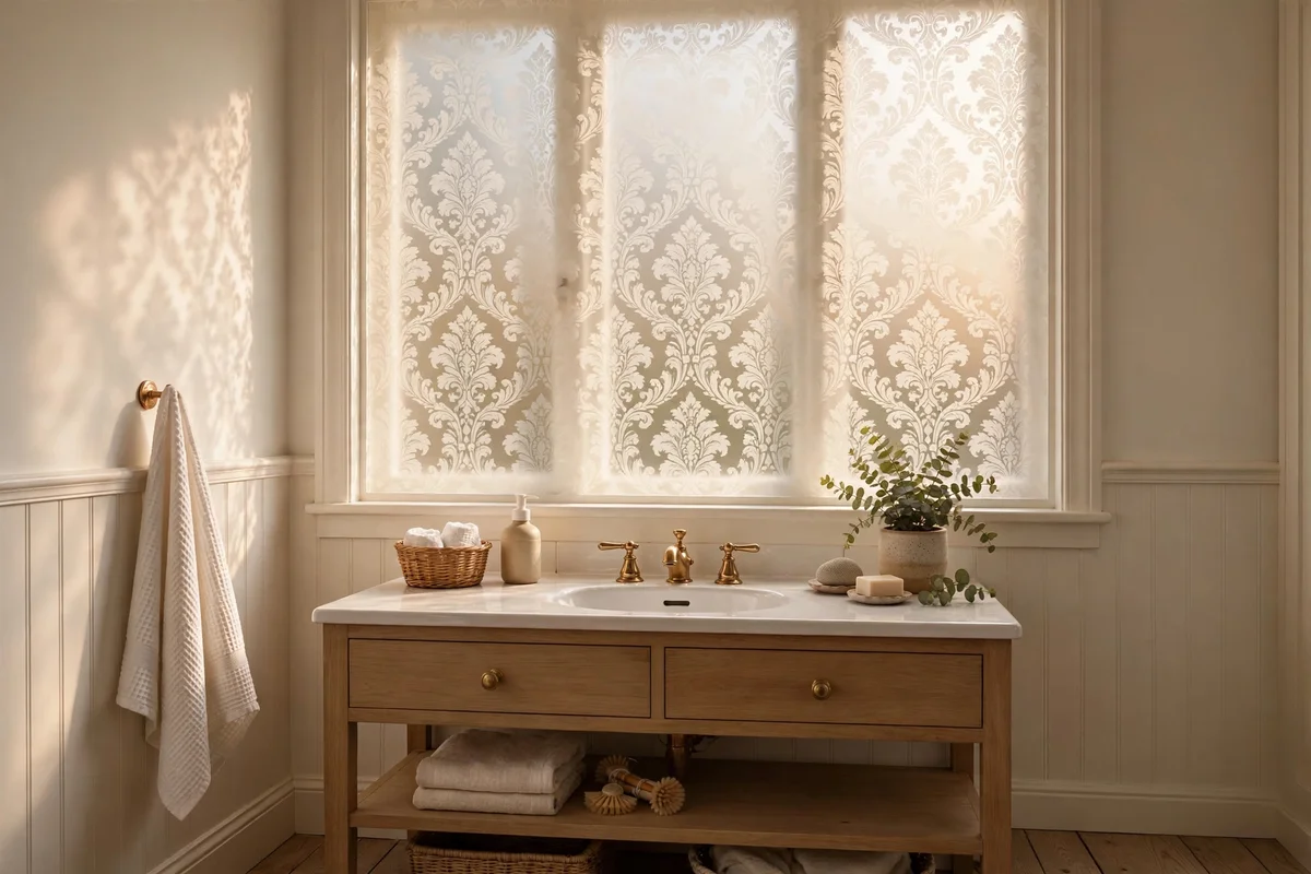 Bathroom window with frosted heritage-patterned privacy film