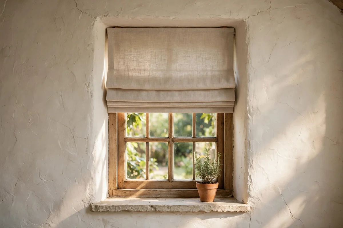 Small window dressed with a tailored linen roman shade