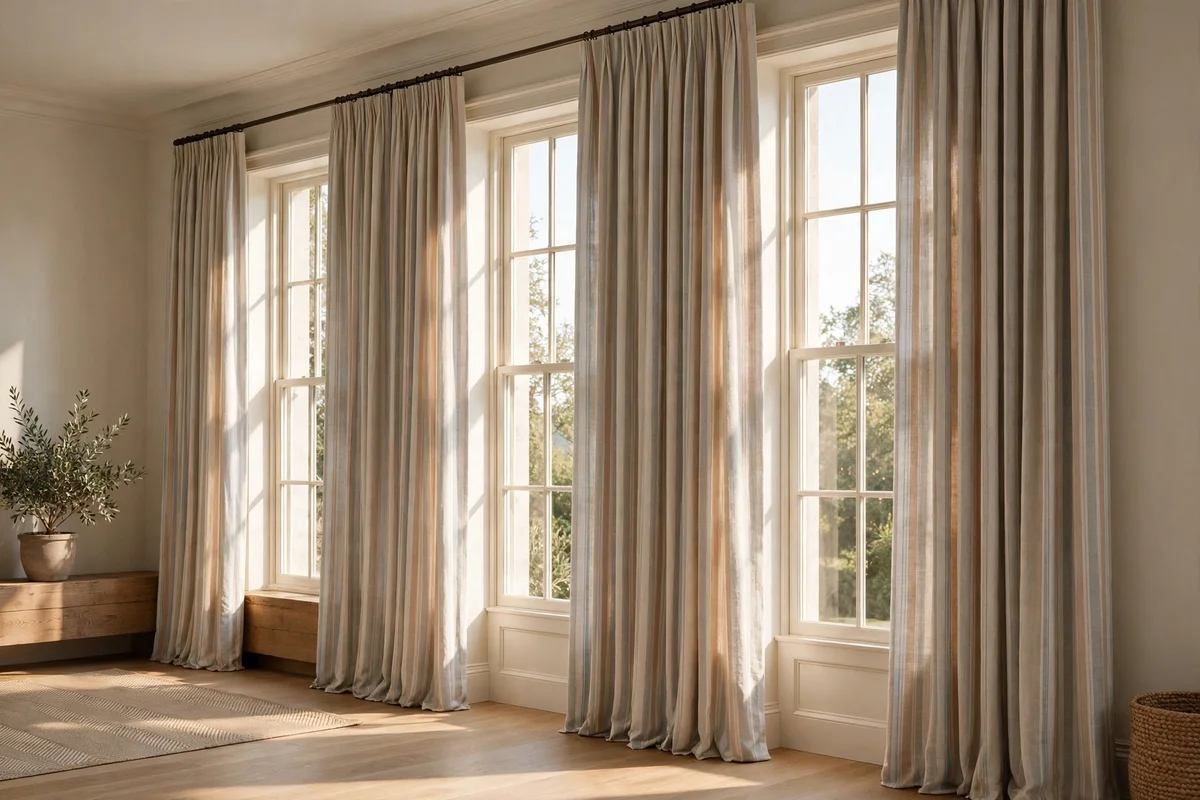 Tall windows with floor-length striped panels hung from a ceiling-height rod
