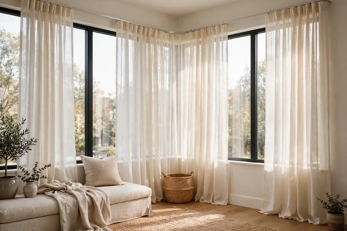 Corner windows dressed with one continuous sheer curtain on an L-shaped track