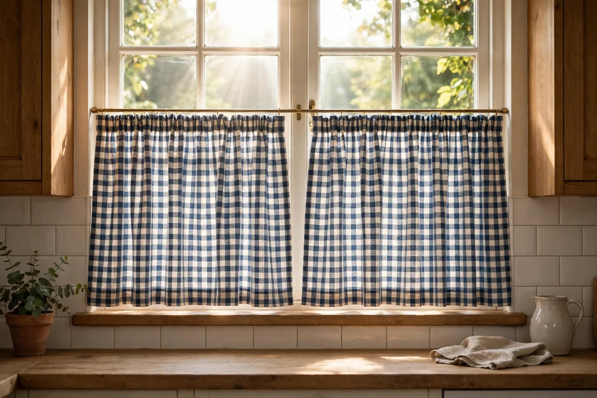 Kitchen window with gingham cafe curtains on a brass rail at mid-height