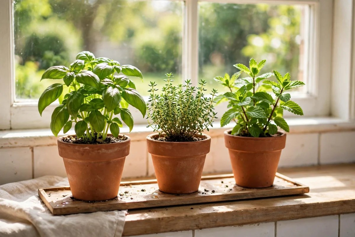 Three herb pots of basil thyme and mint on a kitchen windowsill