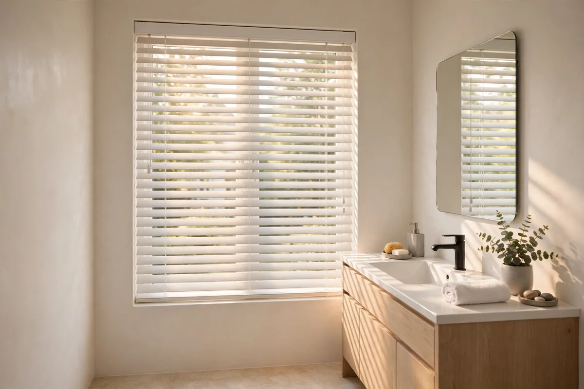 White faux wood blinds on a bathroom window beside a vanity