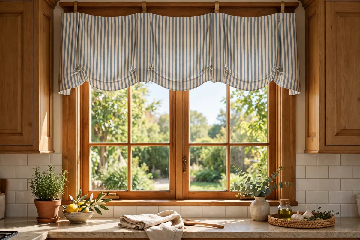 Kitchen window finished with a tailored cotton valance above the frame