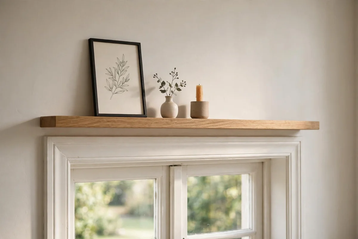 Slim oak picture ledge styled above a window frame with small objects