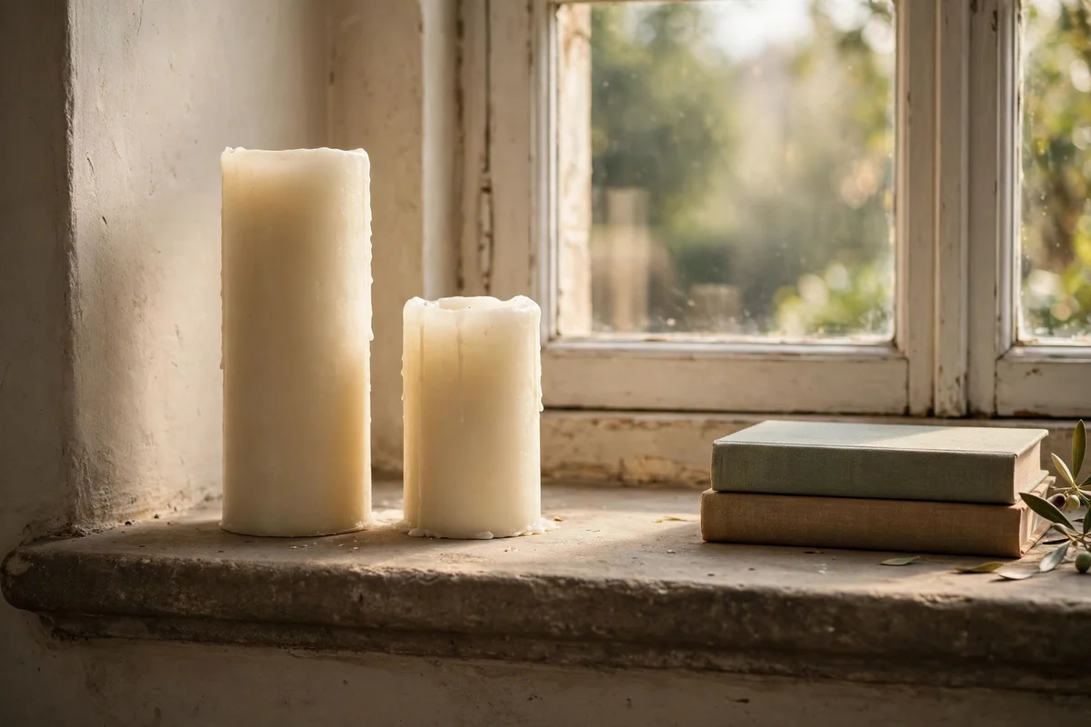 Deep windowsill styled with pillar candles and a small stack of books