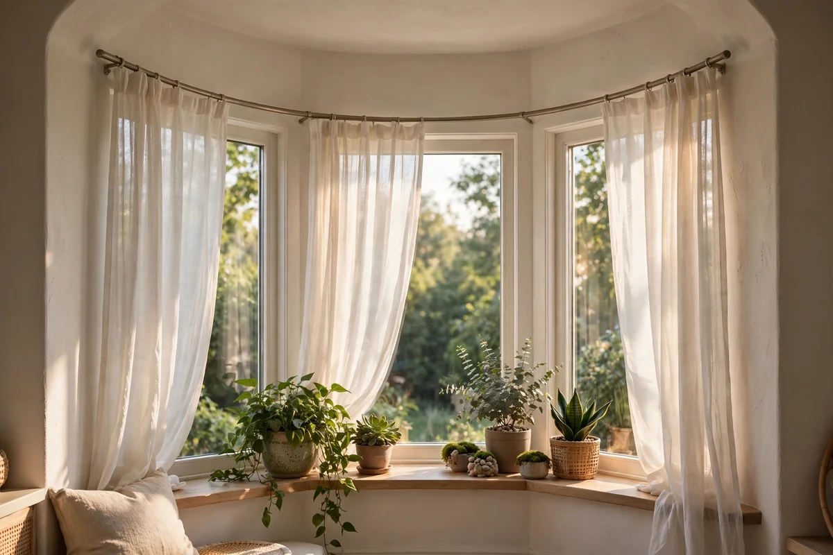 Bay window with sheer curtains on a curved ceiling track