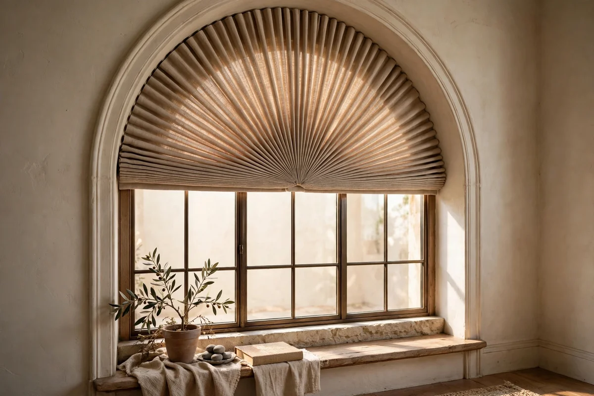 Arched window with a fan-pleated shade following the curve