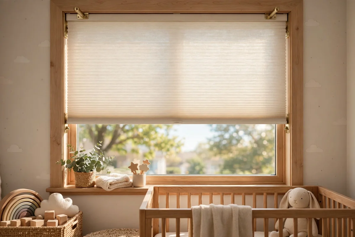 Cordless cellular shade on a nursery window with safe anchored hardware