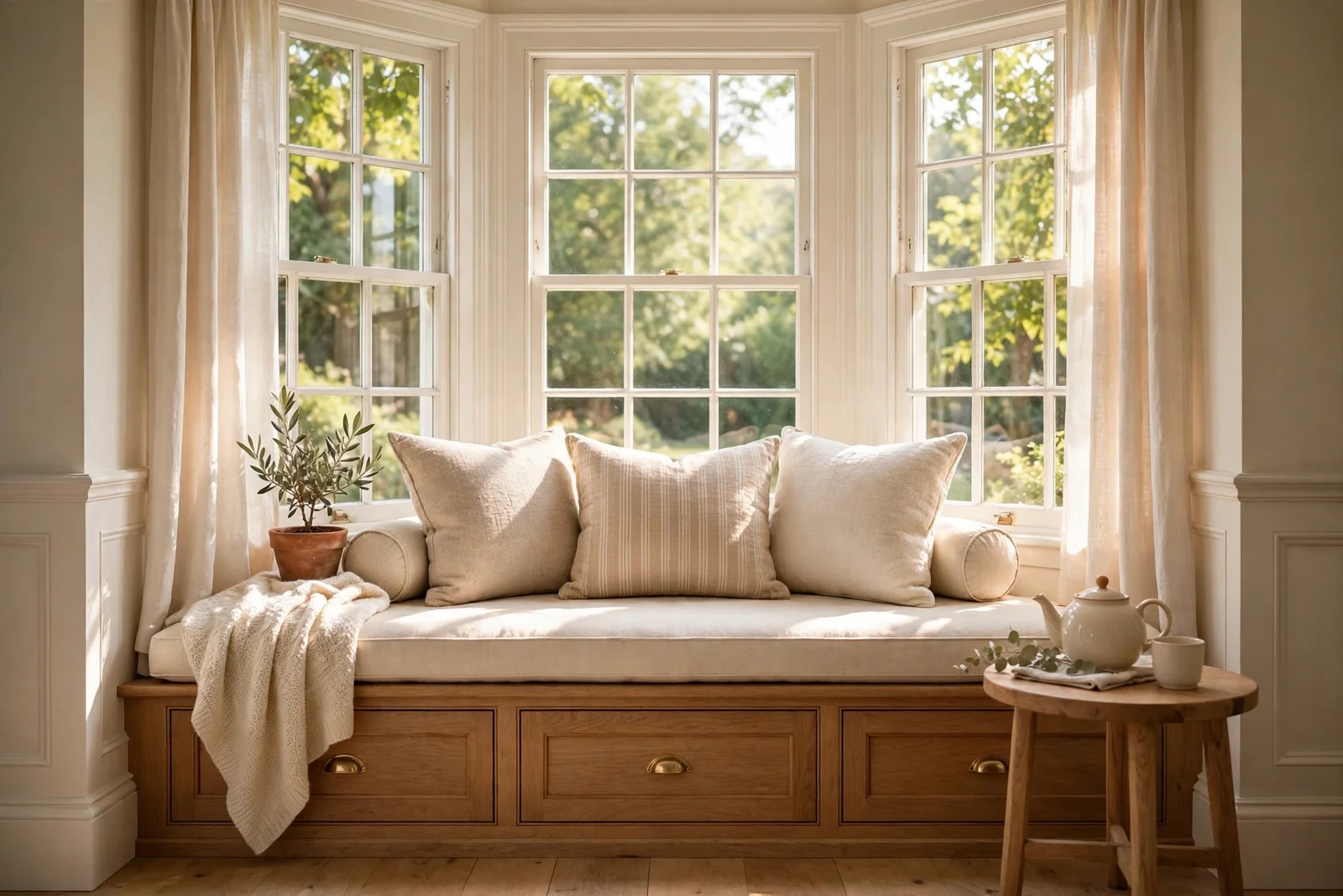Bay window with a built in cushioned window seat, storage drawers beneath and warm daylight