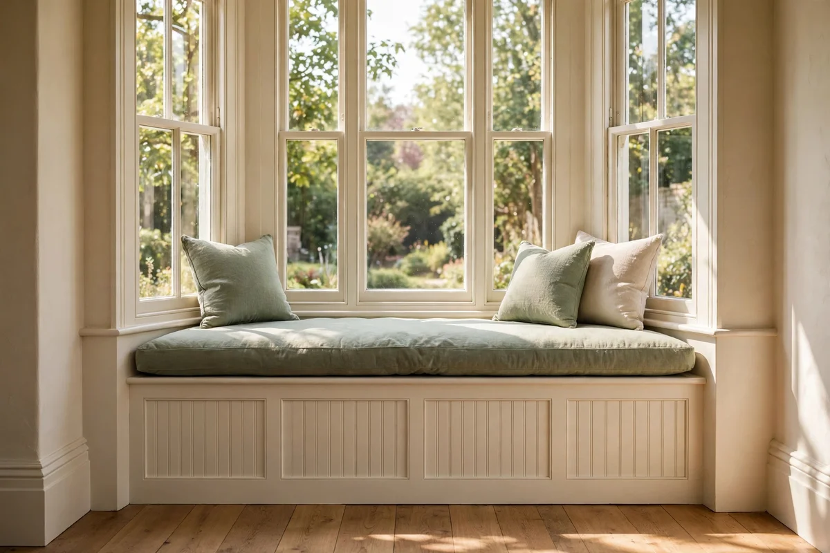 Window seat built into a bay window alcove with beadboard front and cushion