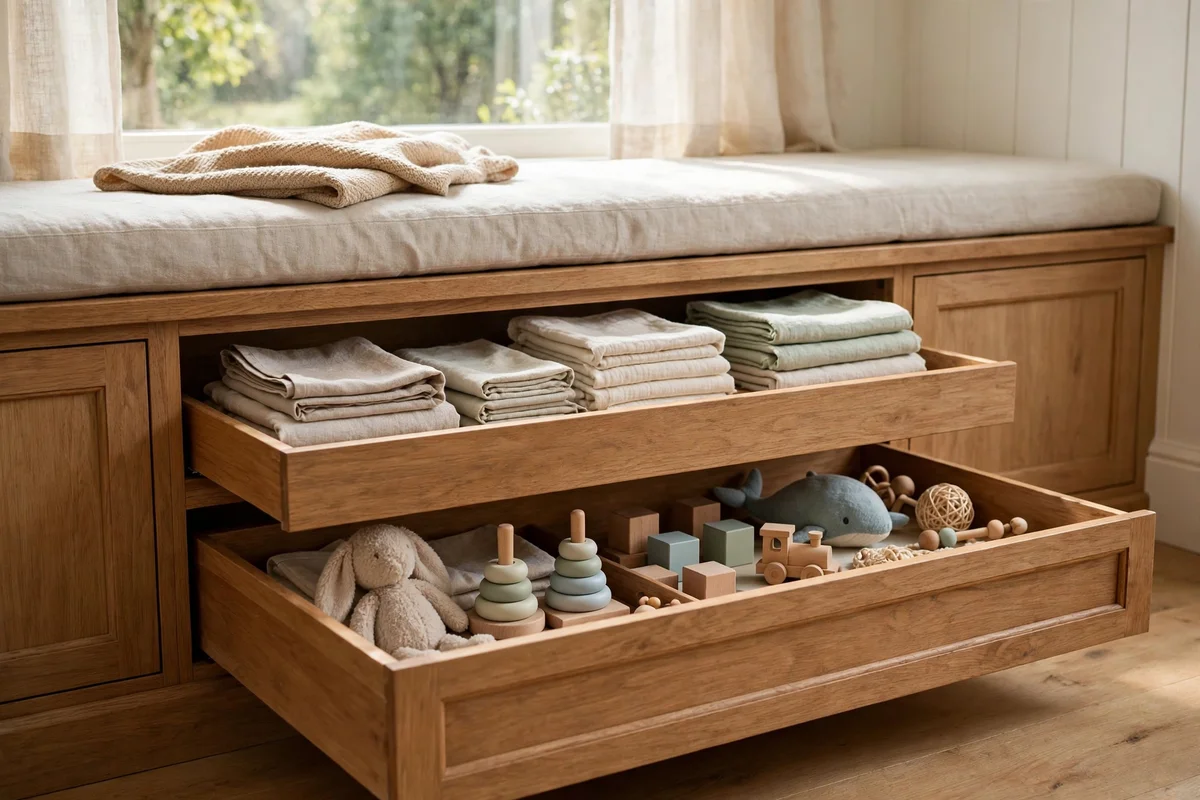 Window seat base with deep pull out drawers for linens and toys