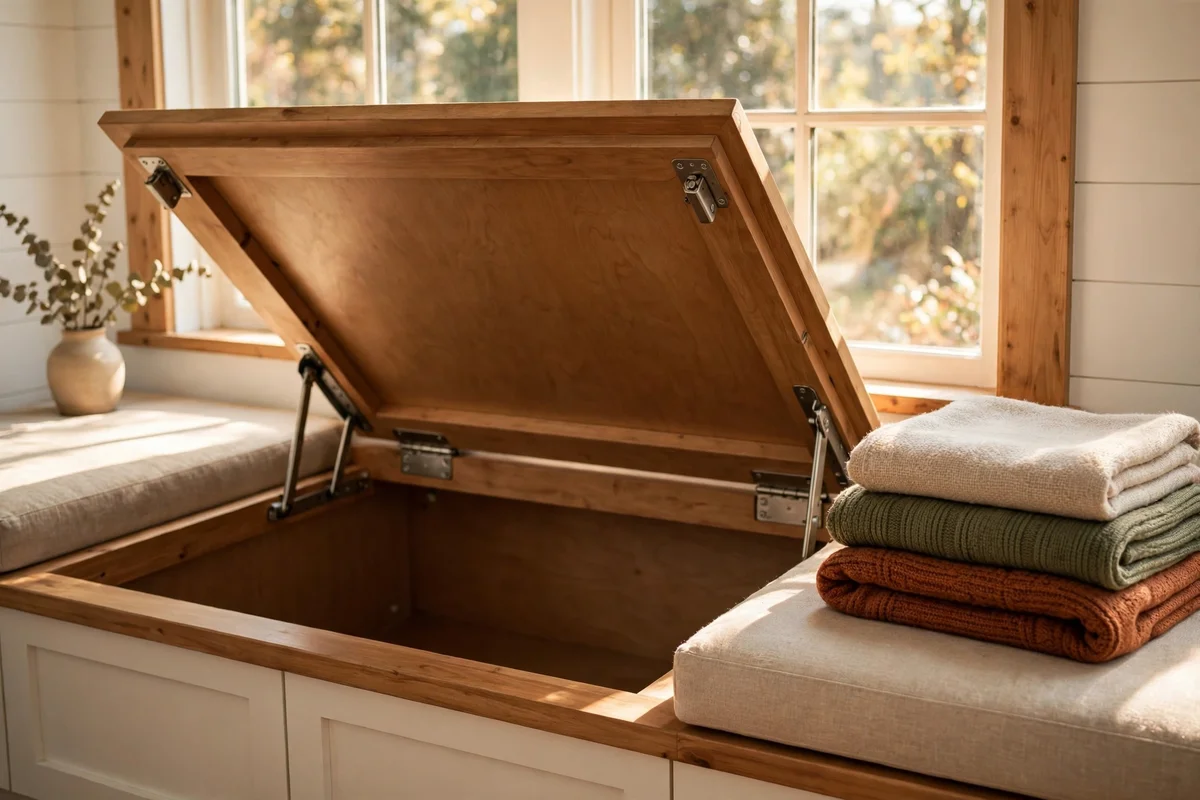 Window seat with lift up lid revealing a large hidden storage cavity