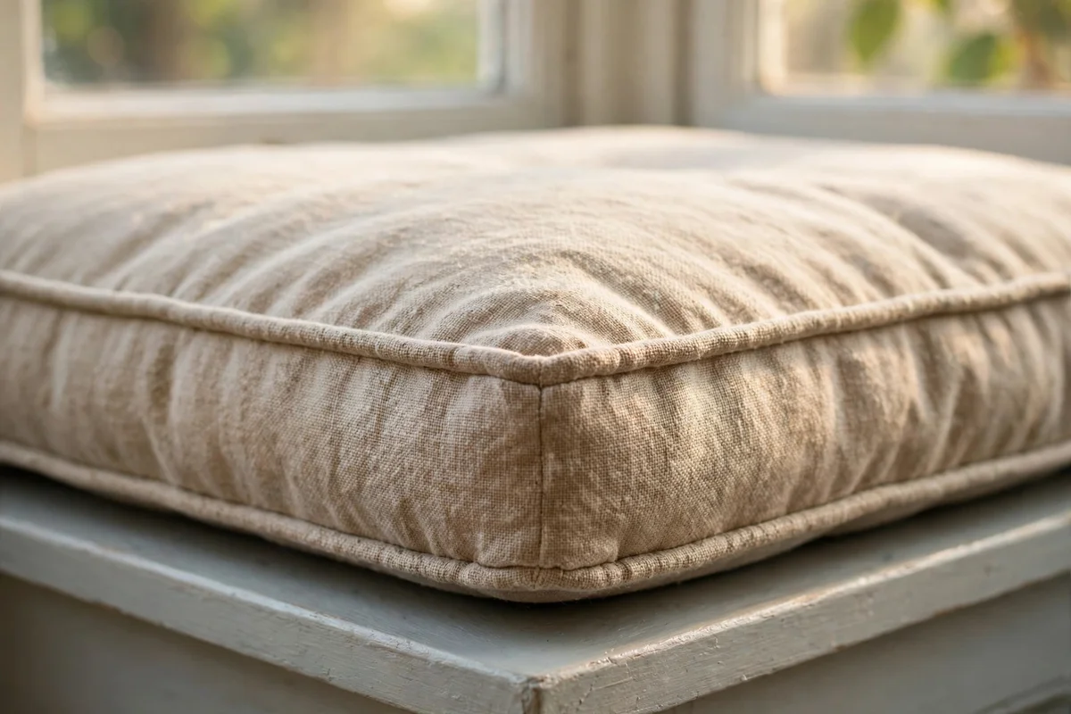 Thick ten centimetre seat cushion with piping on a window seat base