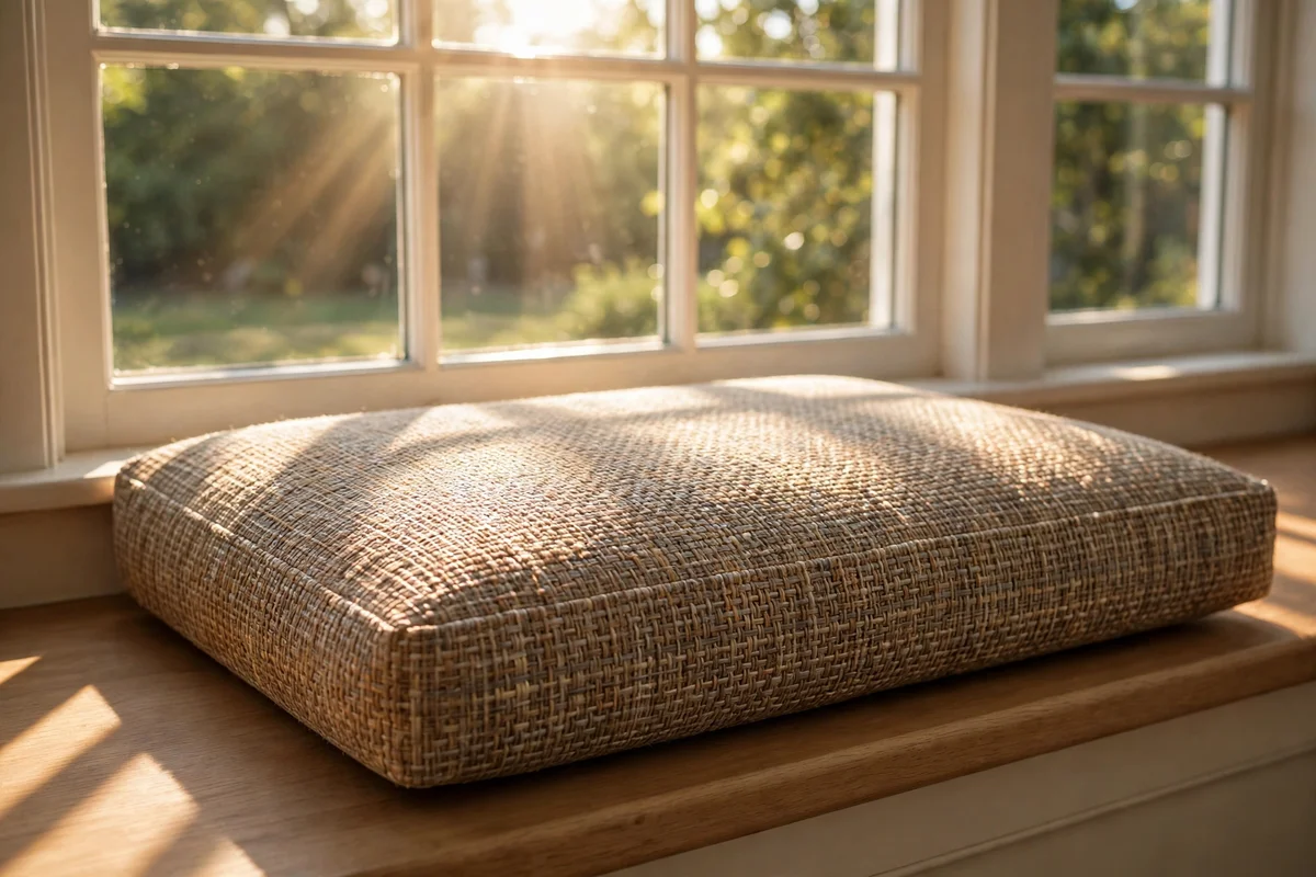 Sunlit window seat cushion in fade resistant woven acrylic fabric