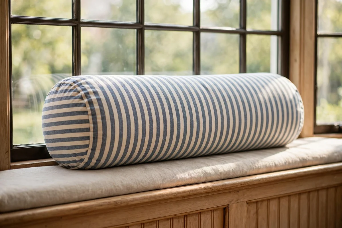Cylindrical bolster cushion resting against a window above the seat