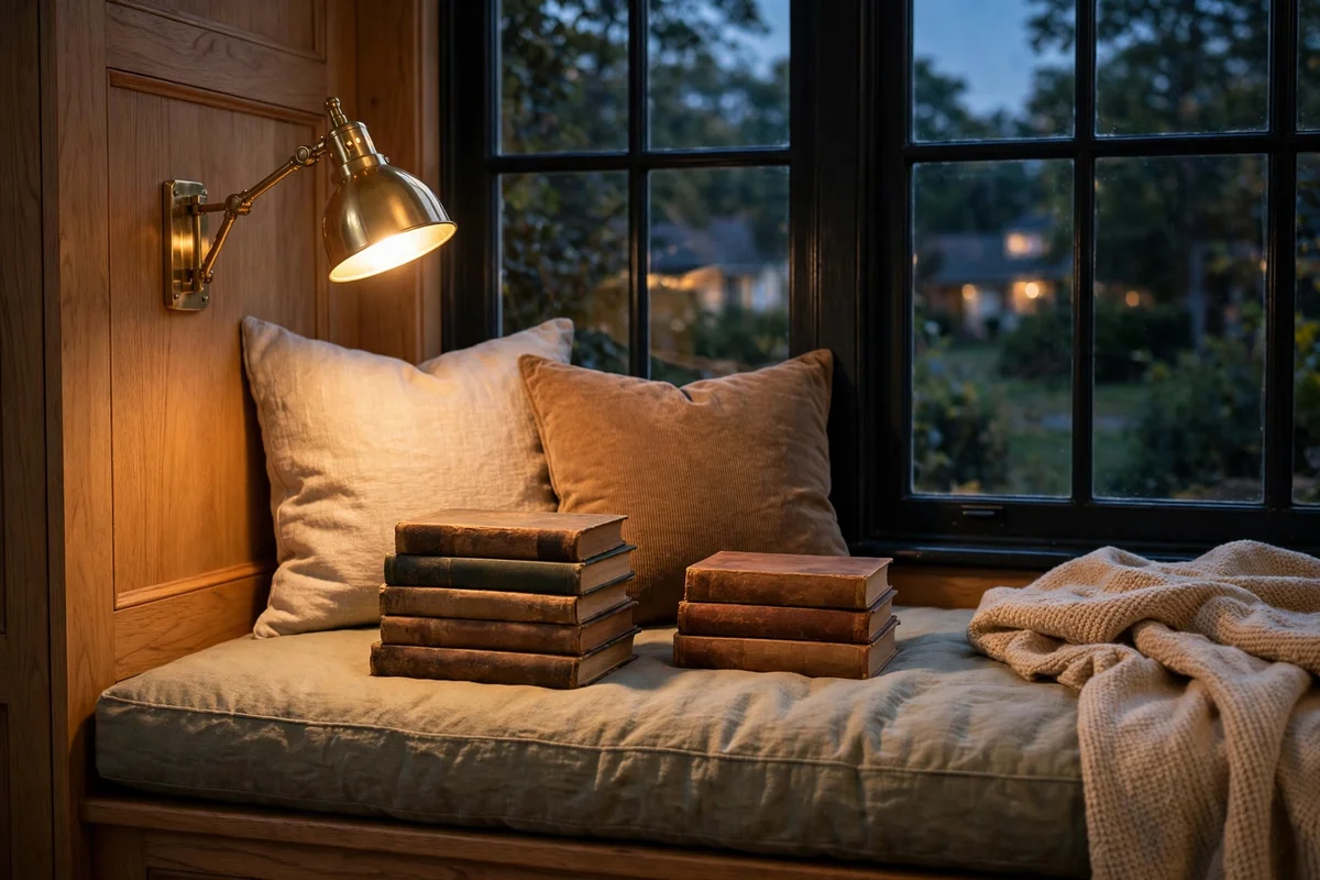 Small swing arm reading light mounted on the wall beside a window seat