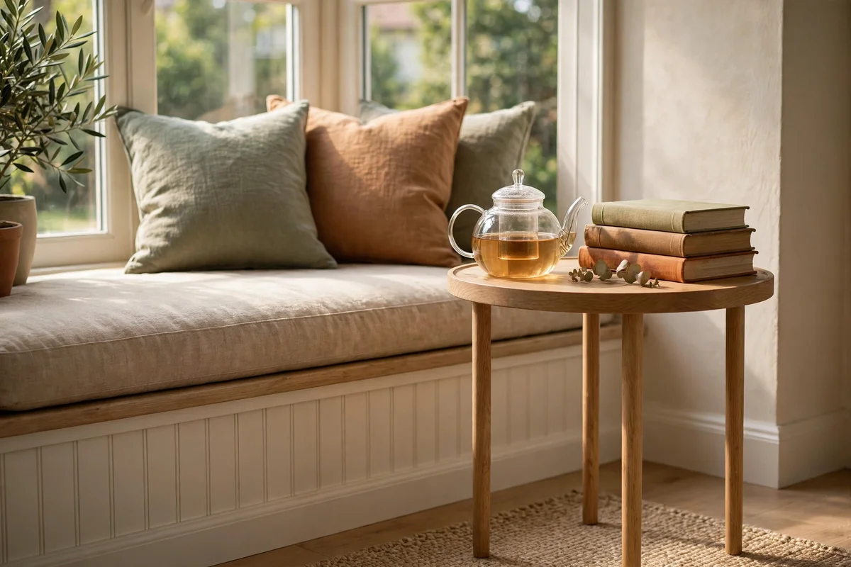 Slim wooden side table with a teapot and books beside a window seat