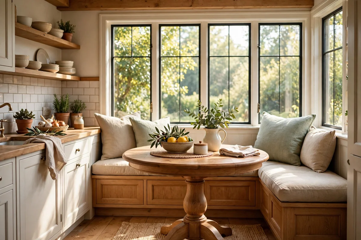 Kitchen window banquette seat with a round pedestal table and chairs