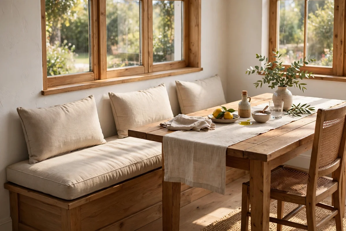 Dining window bench at standard chair height beside a wooden table