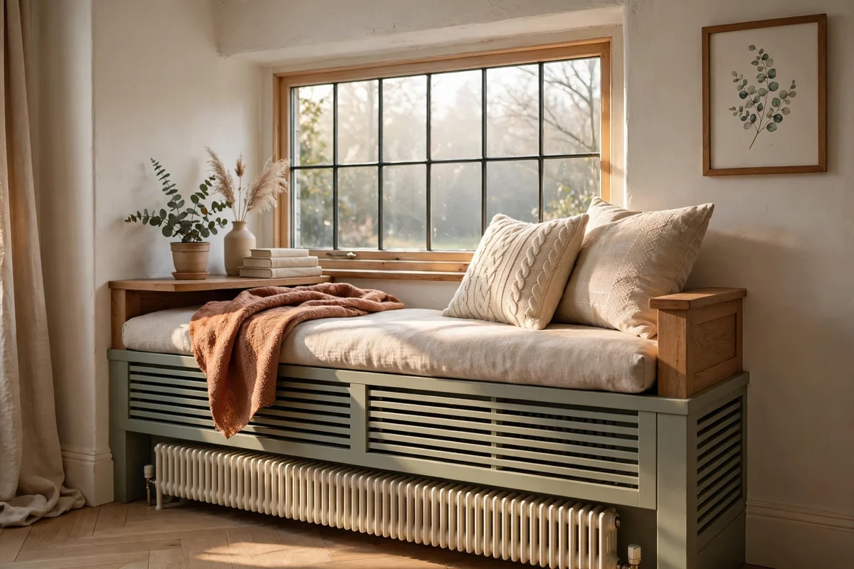 Bedroom window seat built beside a radiator with a ventilated slatted front
