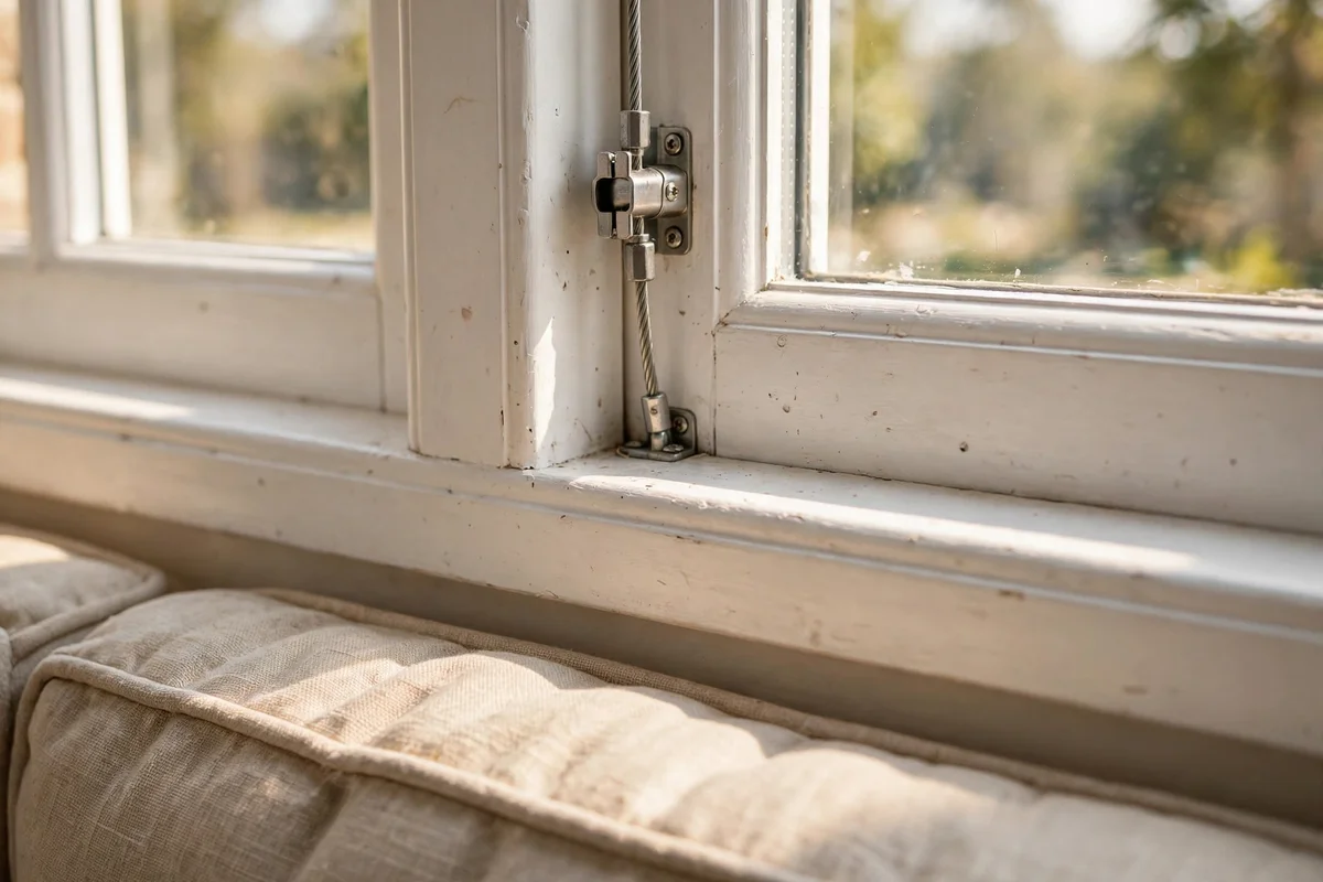 Window restrictor fitted on a sash above a bedroom window seat