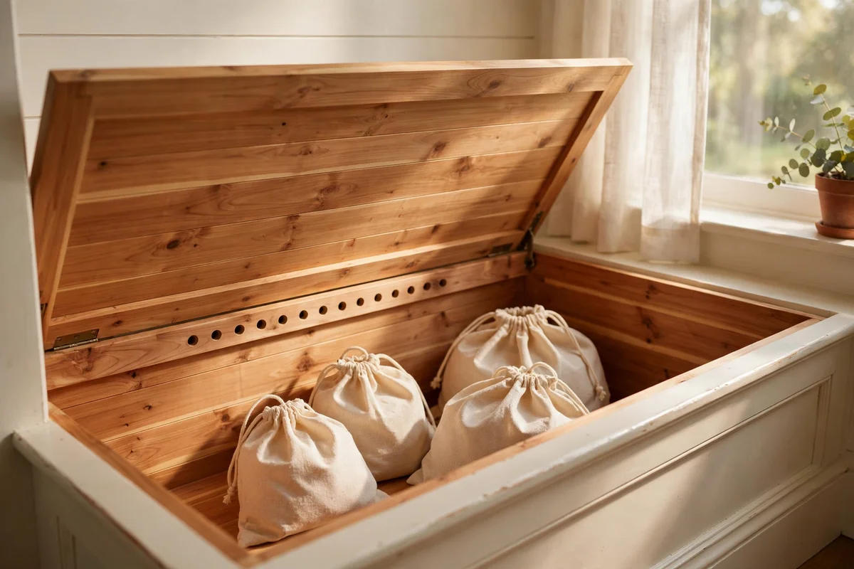 Open window seat storage box with cedar lining and ventilation holes