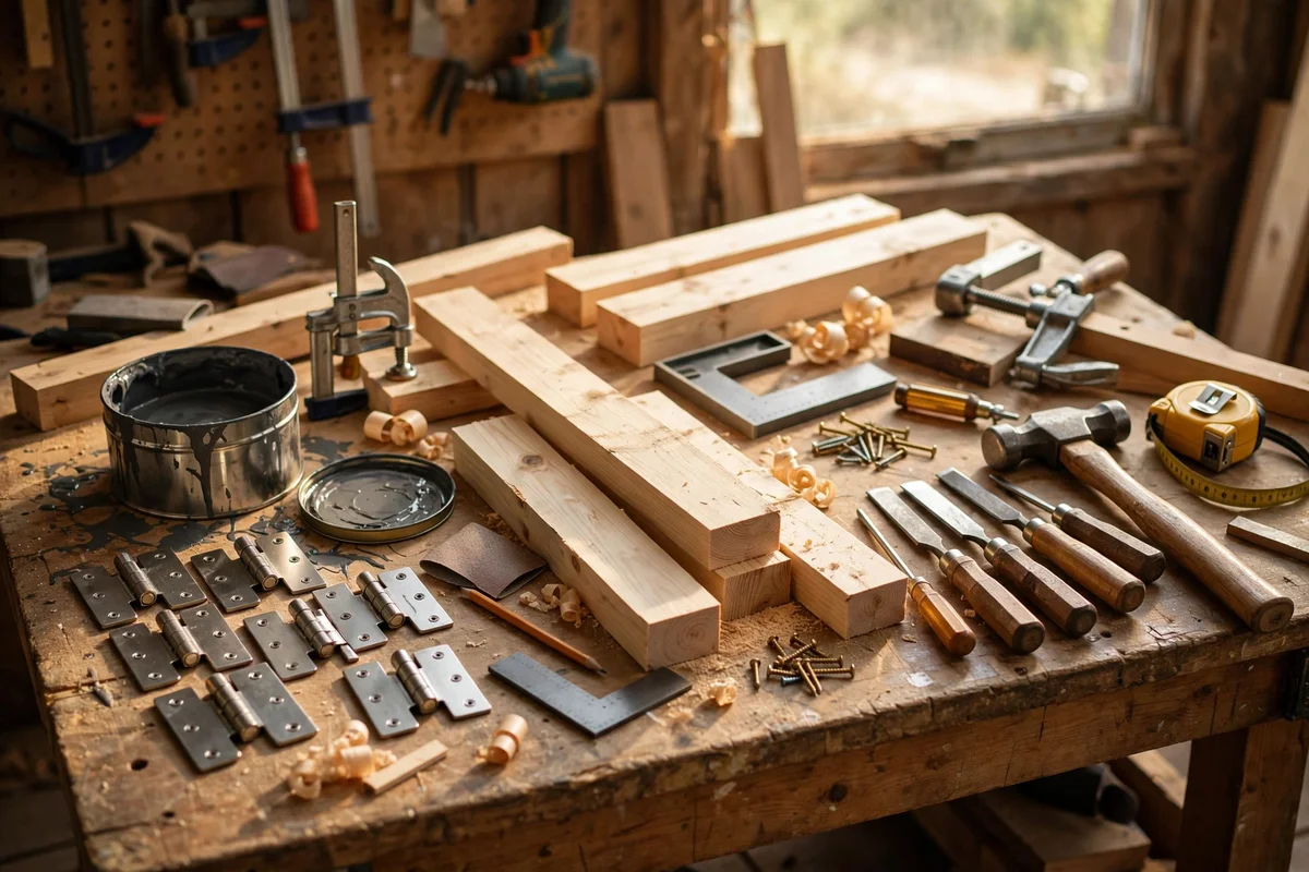 Workbench with timber, hinges, paint and tools for a DIY window seat build