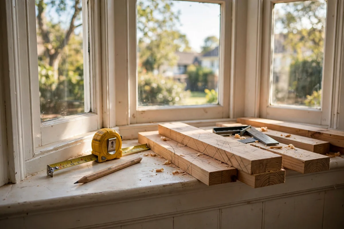 Carpenter measuring a bay window for a bespoke window seat build