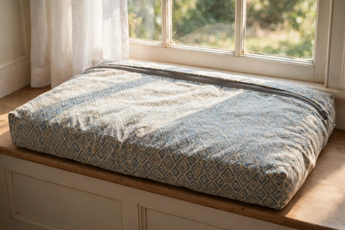 Window seat cushion in a washable mid tone slipcover with zip closure