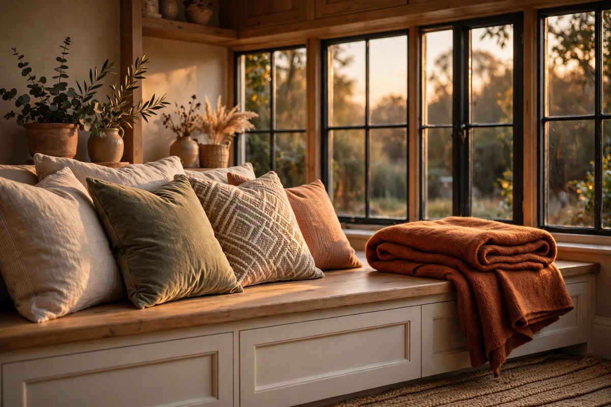 Folded wool throw resting at one end of a styled window seat