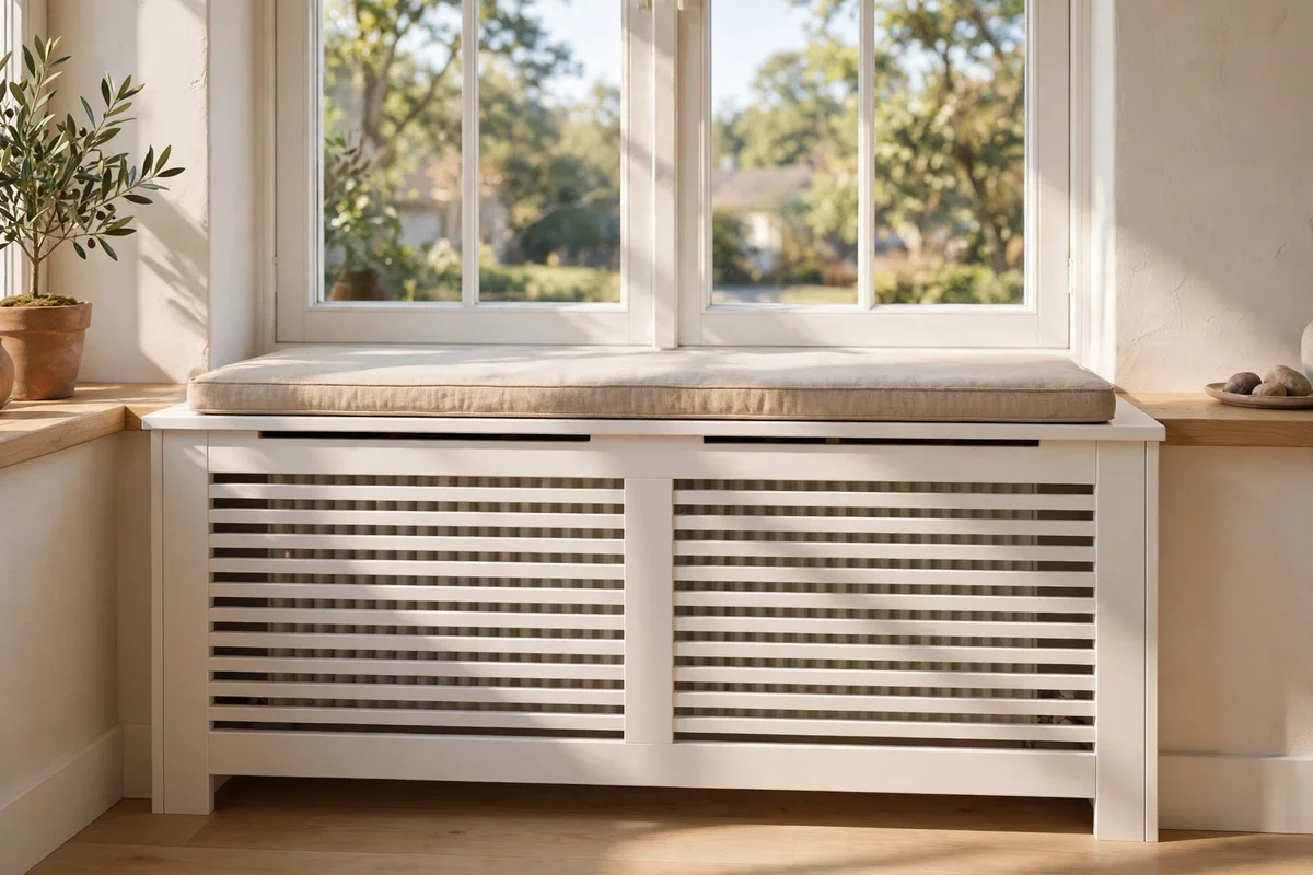 Low radiator cover with slatted front doubling as a small window seat