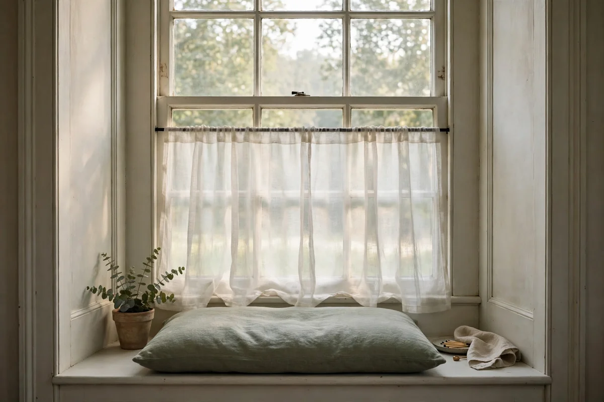Pale painted window alcove with sheer cafe curtain and seat cushion