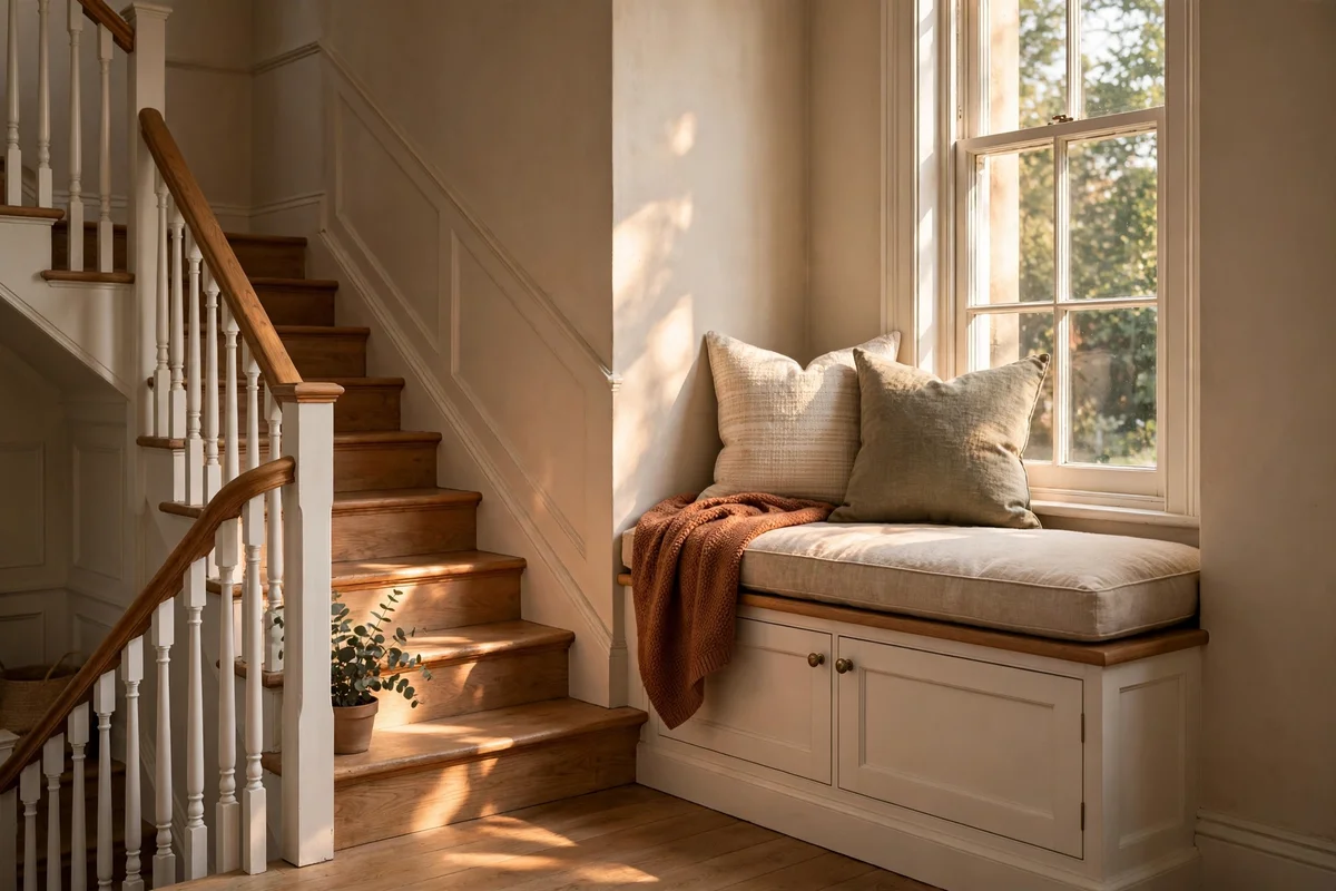 Small window seat built into a staircase half landing alcove