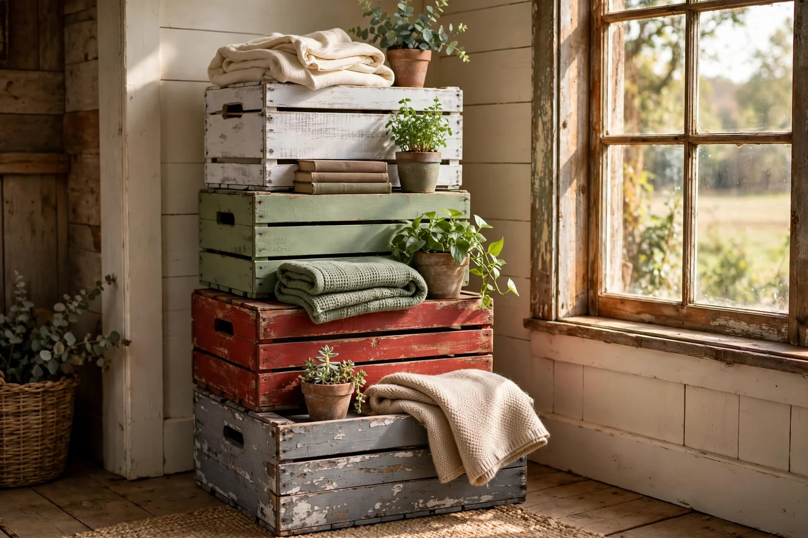 Painted wooden crates used for rustic organization