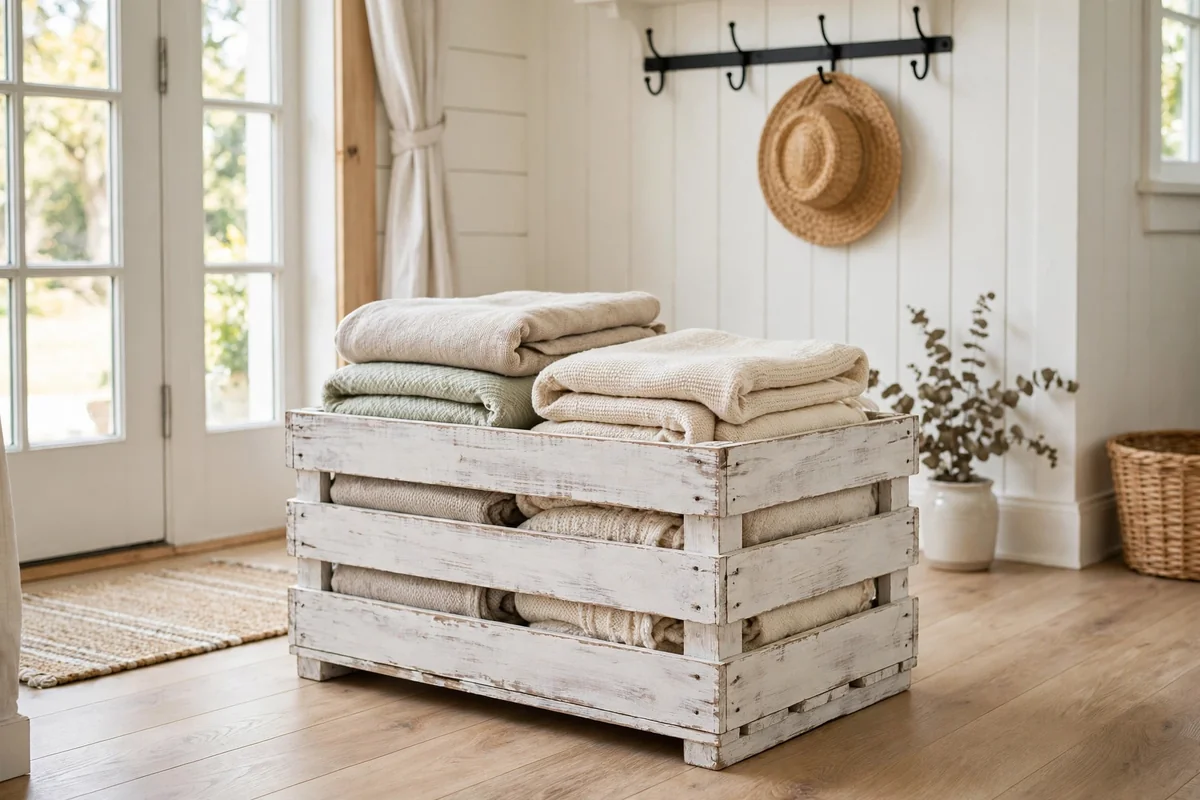 Whitewashed wooden crate with farmhouse style